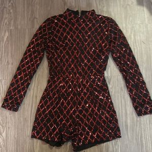 Vintage Black and red sequin shorts romper with long sleeves.